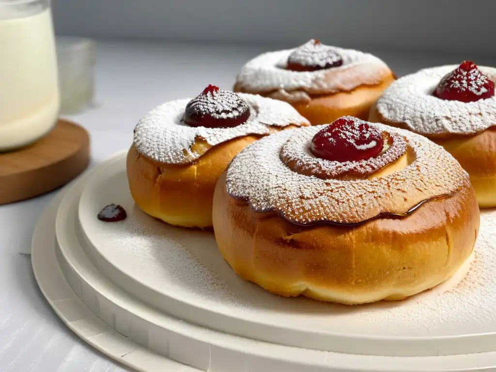 Un delicioso Pączki polaco relleno de mermelada de frambuesa, con una costra dorada y azúcar glas