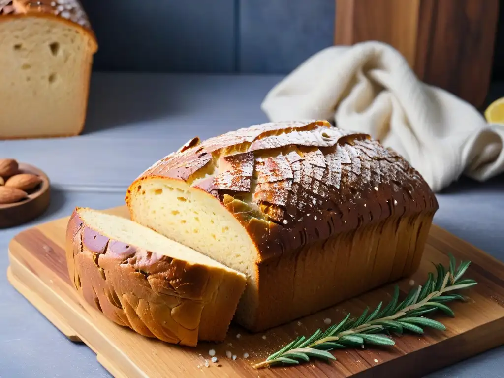 Delicioso pan dorado sin trigo, espolvoreado con harina de almendra y decorado con nueces y romero fresco en tabla rústica de madera