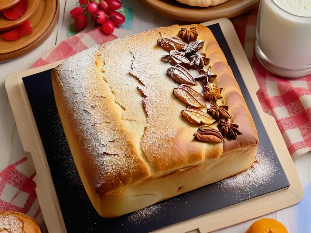 Delicioso pan dulce casero rodeado de frutas y frutos secos en una mesa rústica, bañado en azúcar glass