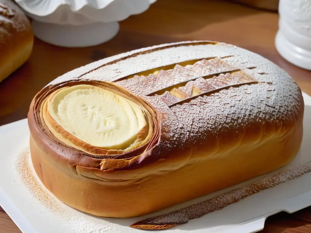 Delicioso pan dulce casero recién horneado con una costra dorada y azúcar glass