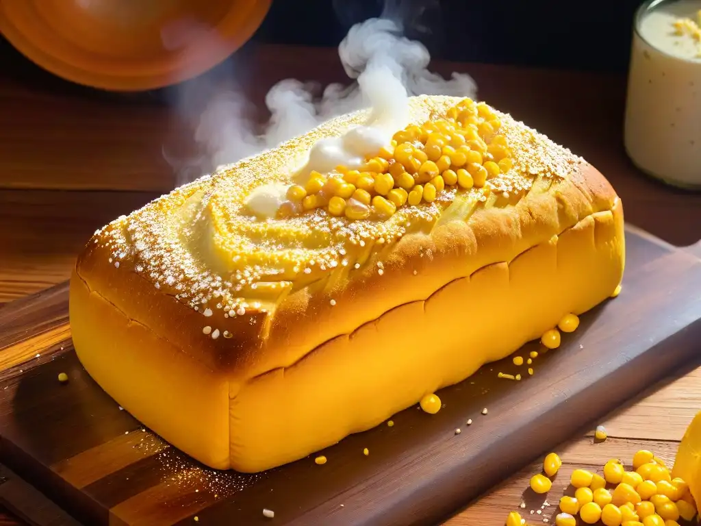 Delicioso pan de elote recién horneado con mantequilla derretida, sobre mesa de madera rústica