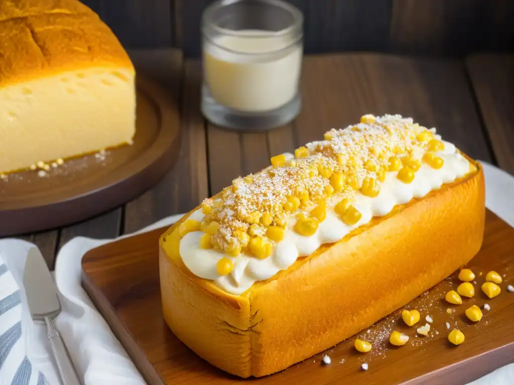 Delicioso pan de elote recién horneado en mesa rústica, listo para disfrutar