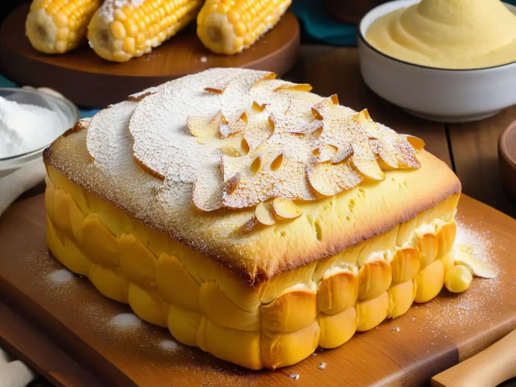 Delicioso pan de elote recién horneado en tabla de madera rústica