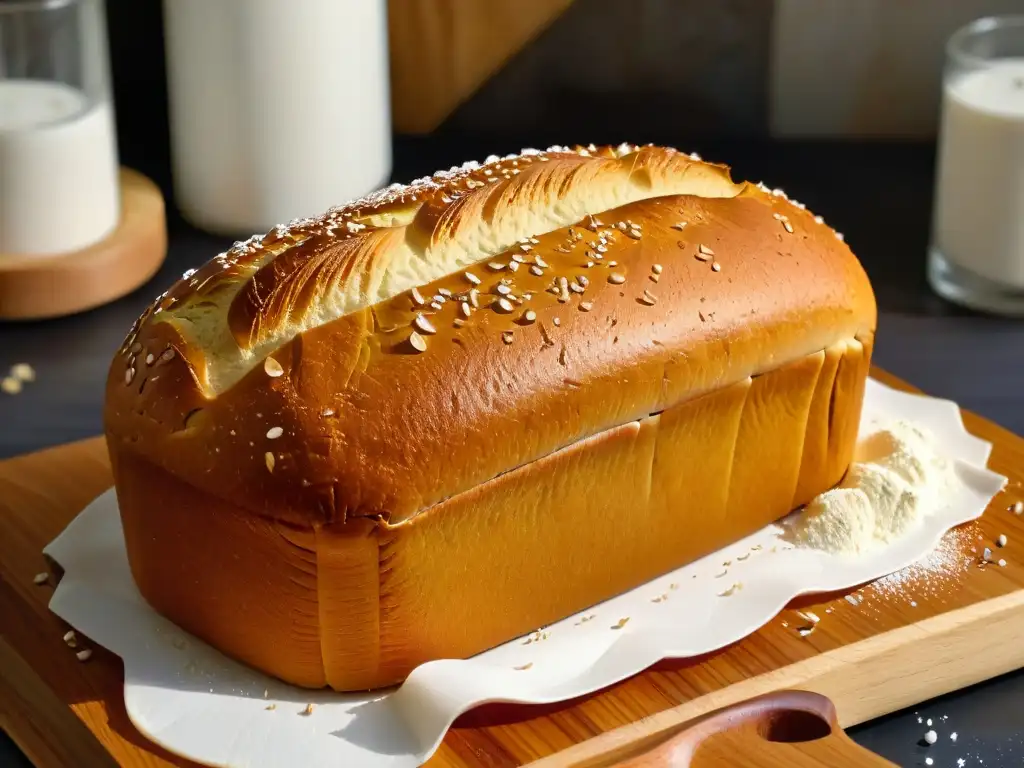 Delicioso pan sin gluten dorado recién horneado con semillas de sésamo, sobre tabla de madera rústica