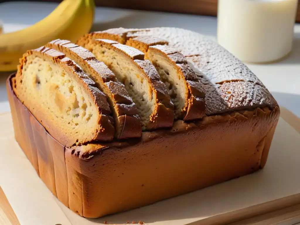 Delicioso pan de plátano recién horneado con endulzantes naturales para hornear, corteza dorada y húmeda, listo para disfrutar