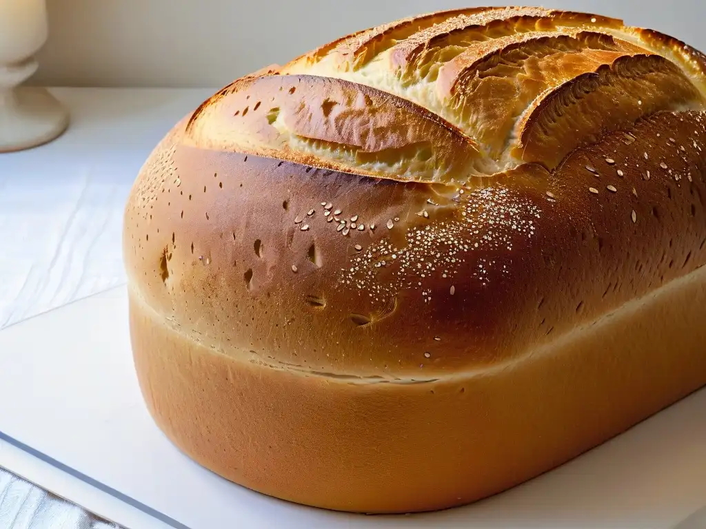 Un delicioso pan de masa madre dorado perfectamente horneado, con una corteza crujiente y una miga aireada