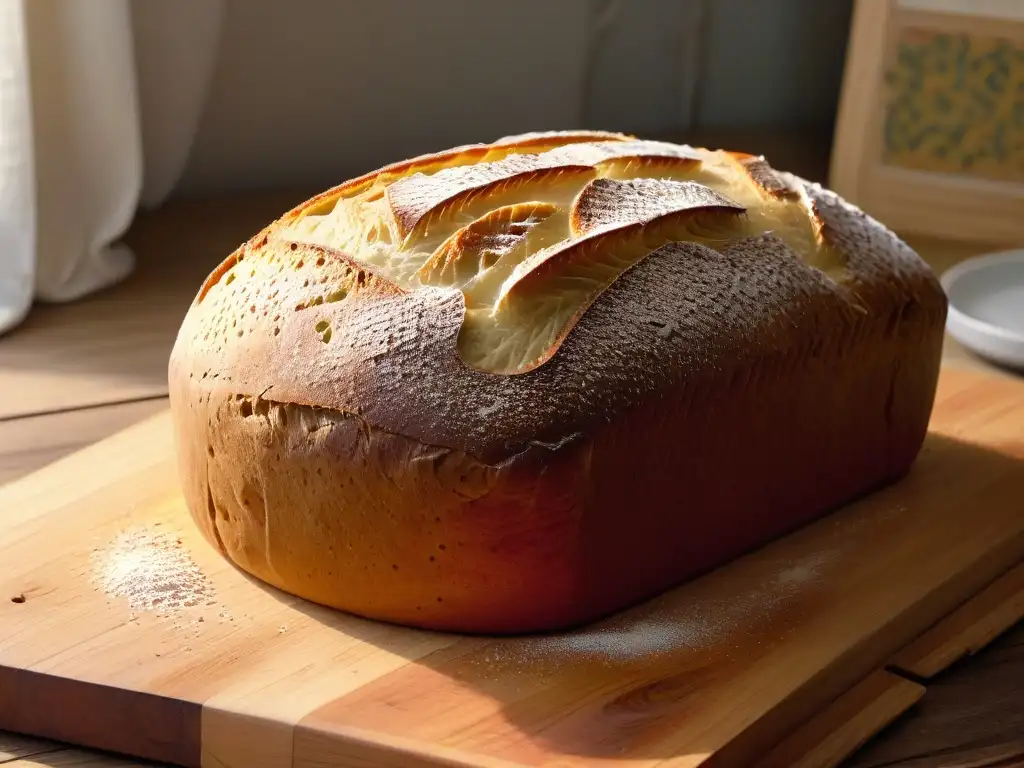 Delicioso pan de masa madre dorado, con corteza crujiente y alveolos irregulares, en tabla de madera