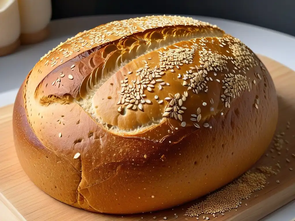 Delicioso pan de masa madre vegano dorado con corteza crujiente y semillas de sésamo