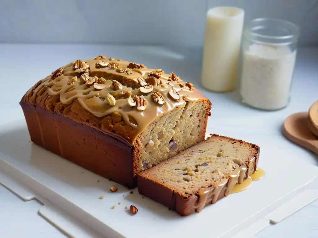 Delicioso pan de plátano sin gluten en plato blanco sobre mármol, decorado con nueces y miel