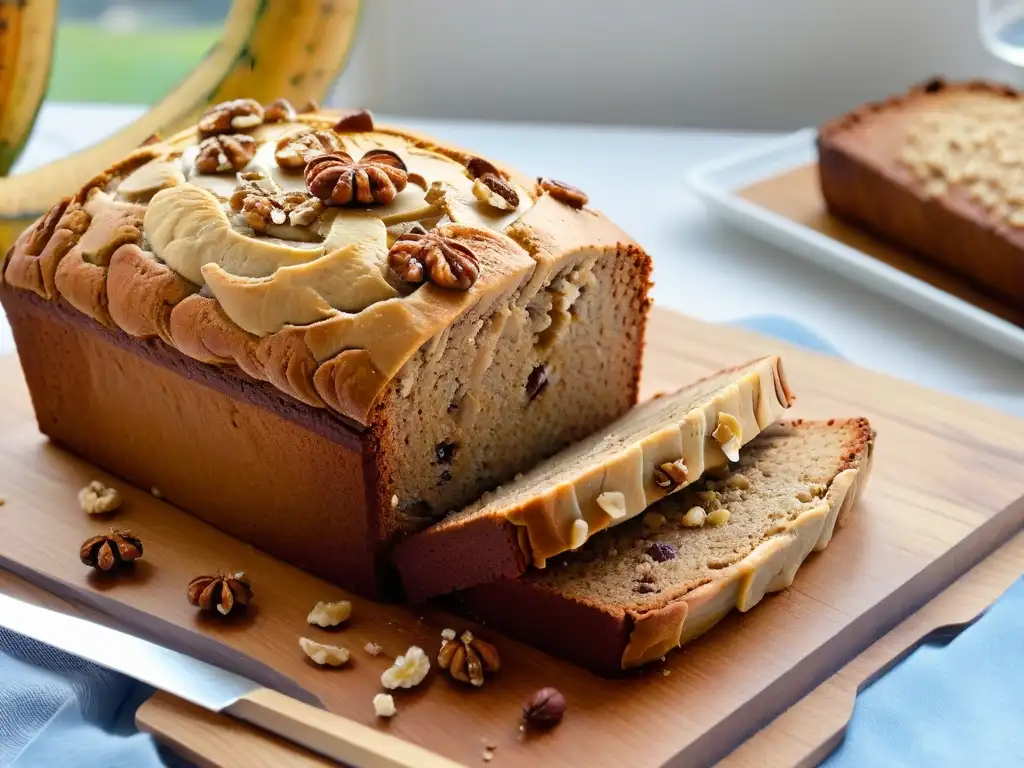 Delicioso pan de plátano sin gluten recién horneado, con una corteza dorada y nueces, perfecto para tus recetas