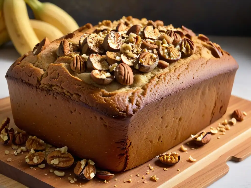 Delicioso pan de plátano sin gluten recién horneado en tabla de madera moderna, con nueces y plátanos maduros