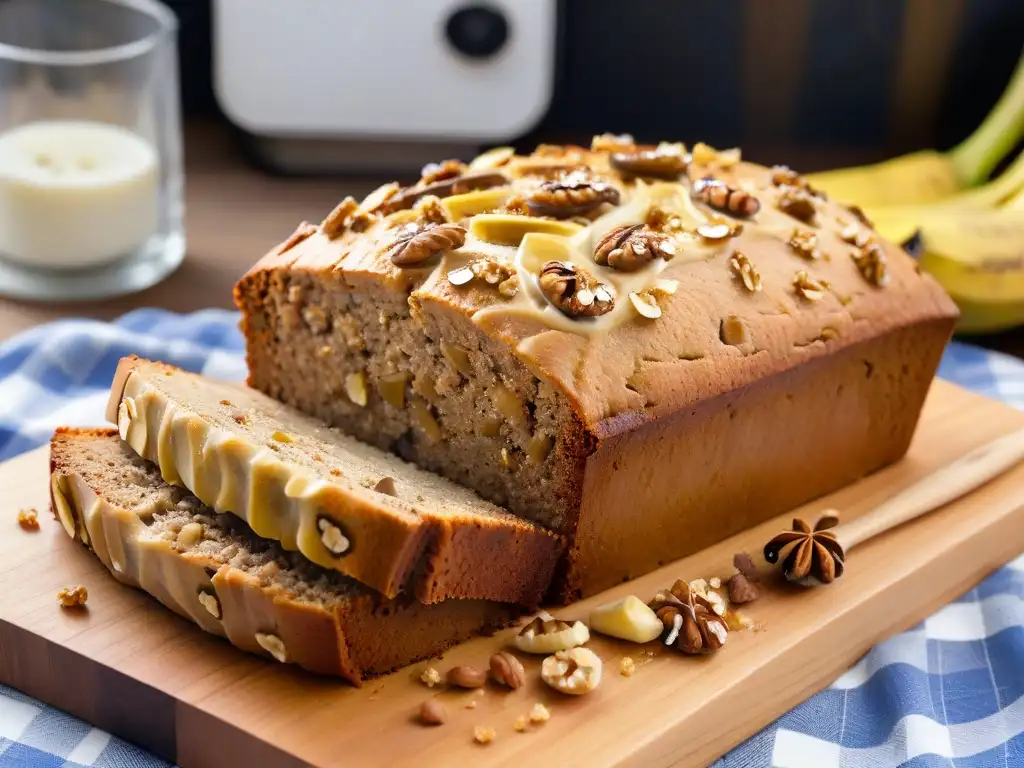 Delicioso pan de plátano y nueces recién horneado en tabla rústica Delicioso pan de plátano y nueces recién horneado en tabla de madera rústica