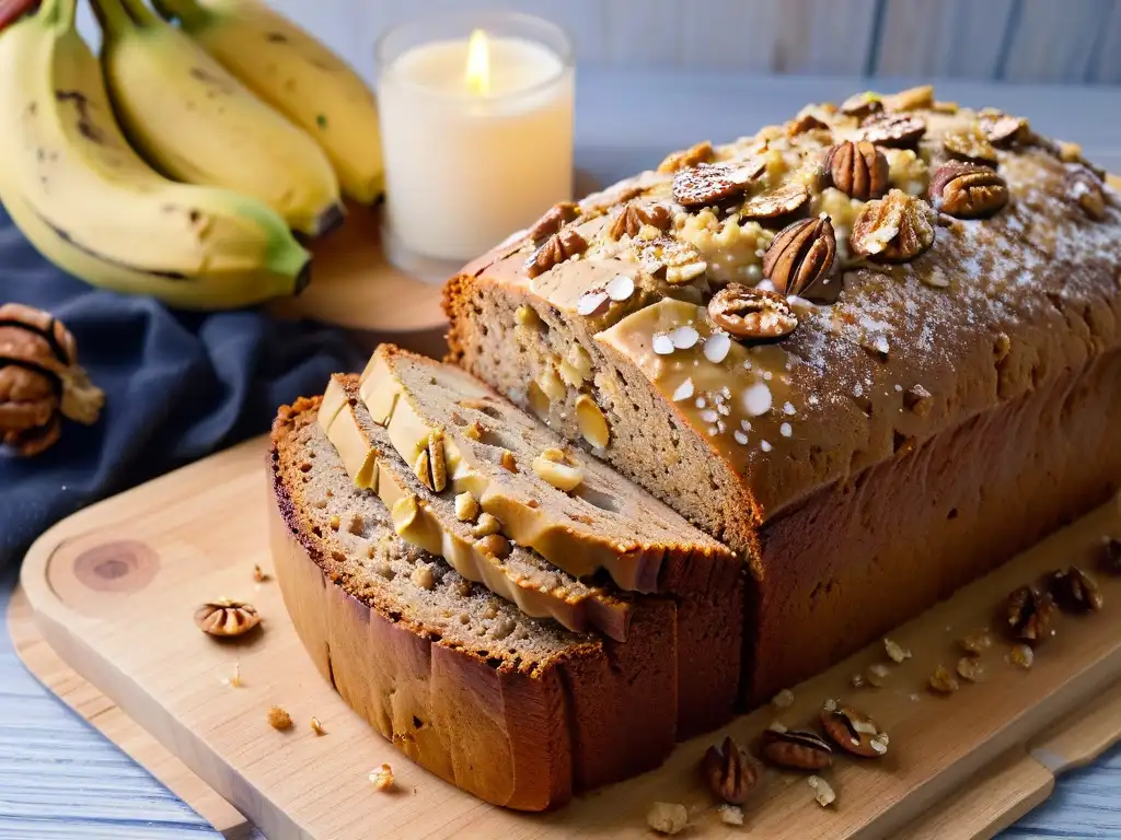 Delicioso pan de plátano y nueces recién horneado Delicioso pan de plátano y nueces recién horneado en tabla de madera rústica