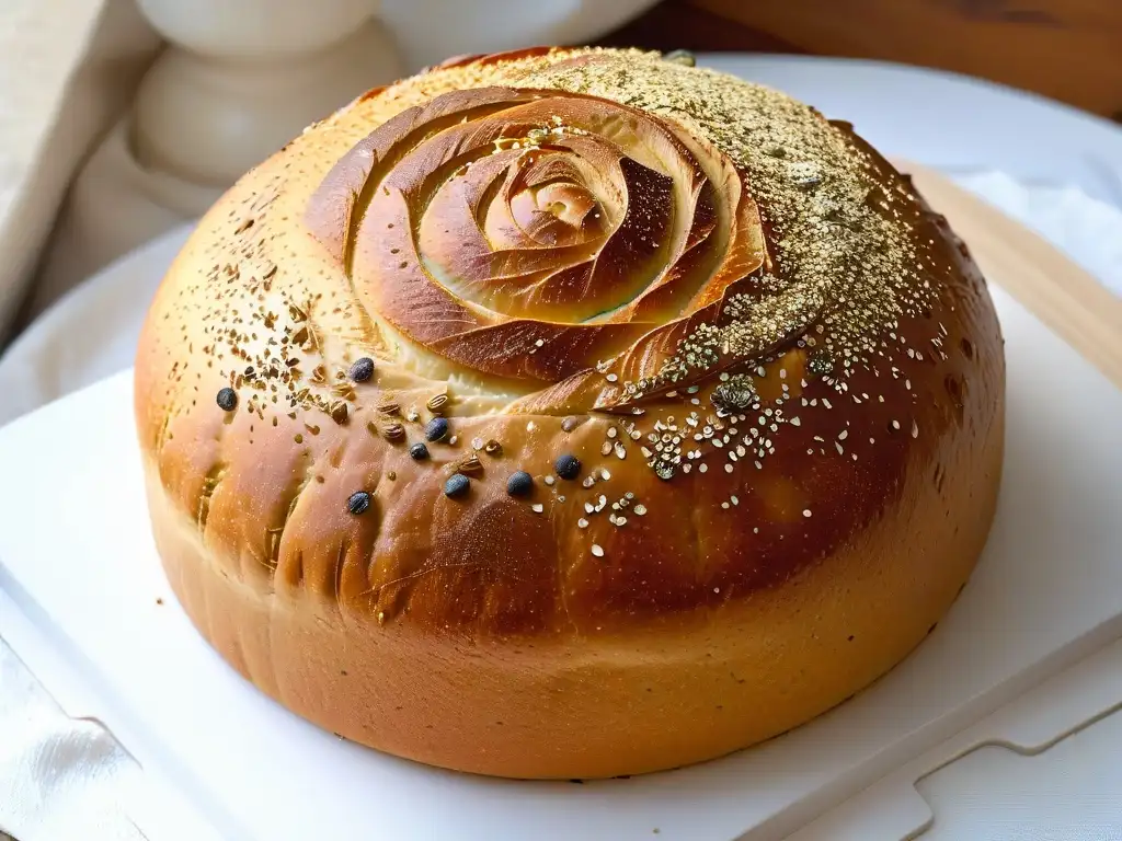 Delicioso pan recién horneado con costra dorada y semillas de amapola brillantes, evocando arte en repostería