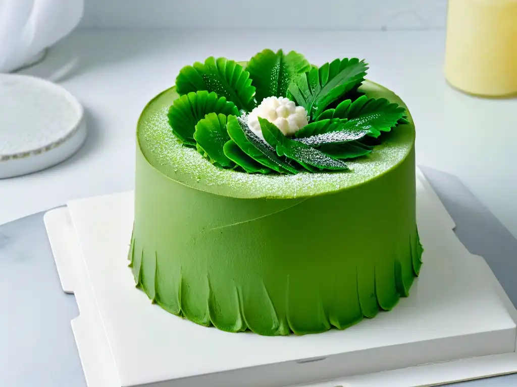 Delicioso pandan chiffon cake esponjoso con aroma a pandan, sobre plato blanco