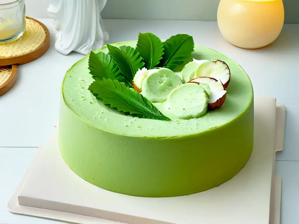 Delicioso Pandan Chiffon Cake esponjoso, decorado con coco rallado y hojas de pandan