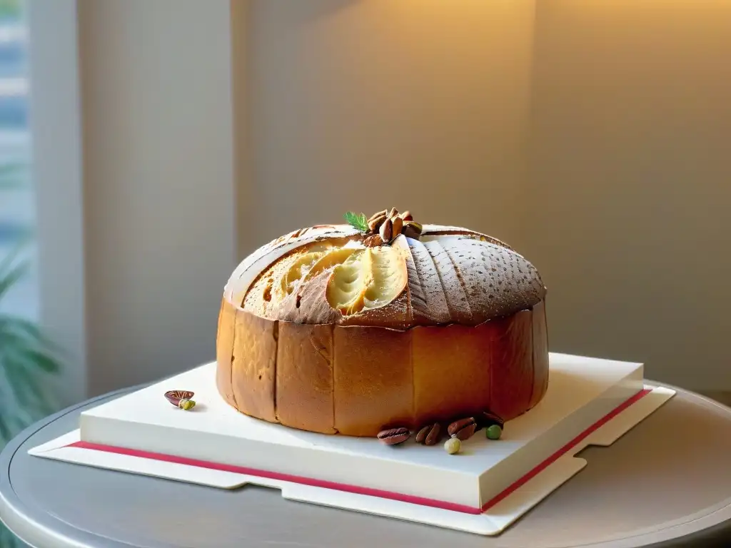 Delicioso Panettone casero con frutas y nueces Delicioso Panettone casero de Navidad con frutas confitadas y nueces, mostrando su elaboración artesanal y encanto hogareño