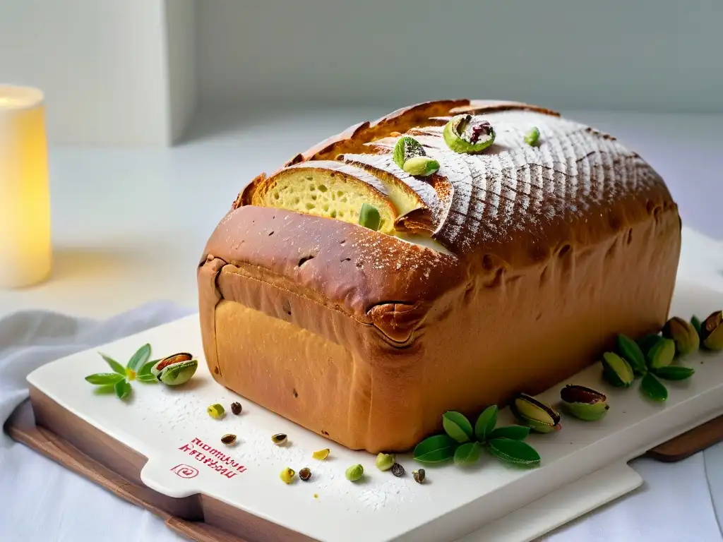 Un delicioso Panettone horneado a la perfección, decorado con pistachos verdes y arándanos rojos, en un fondo blanco