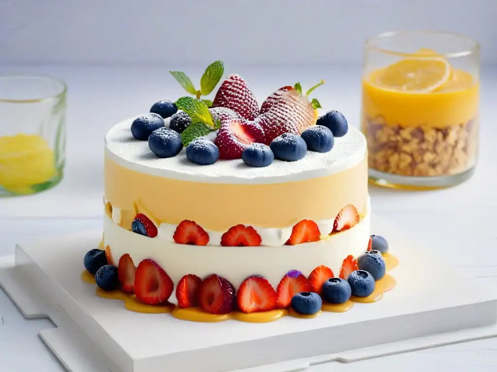 Delicioso parfait en capas con mascarpone, frutas y granola, presentado en mármol blanco