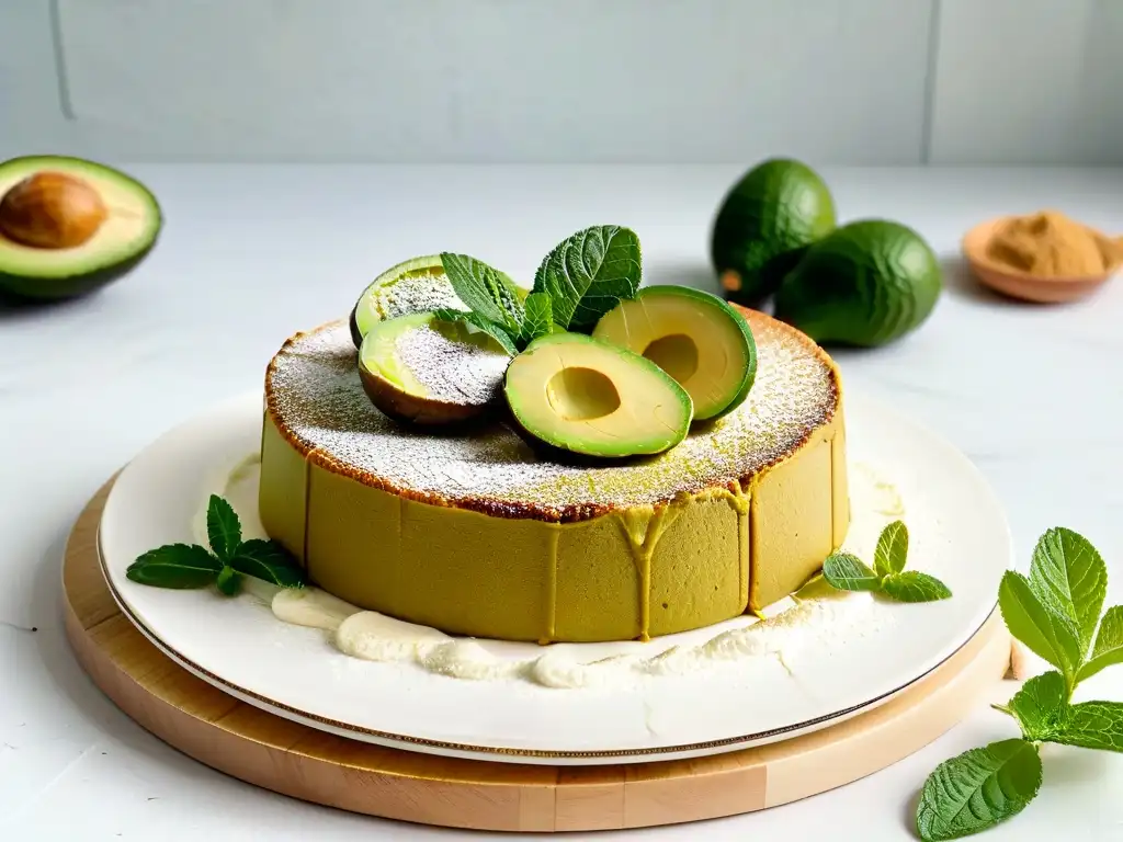 Delicioso pastel de aguacate: detalle dorado y fresco Delicioso pastel de aceite de aguacate con aguacates y menta sobre plato blanco en cocina luminosa