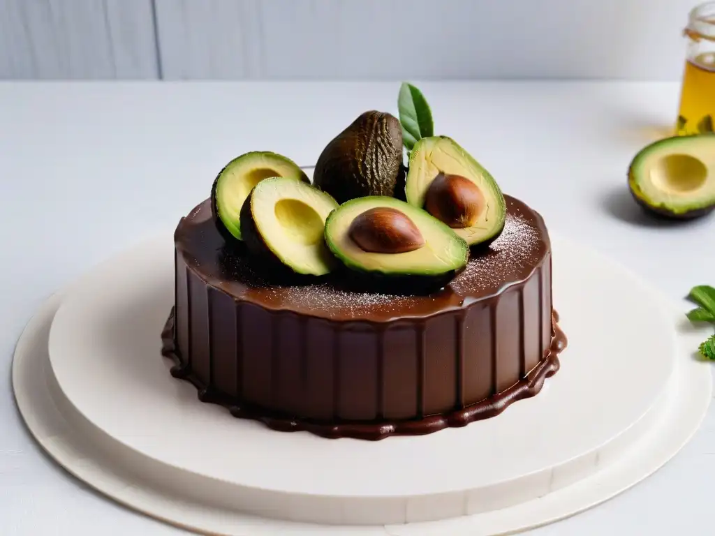 Delicioso pastel de chocolate con aguacate: detalle exquisito Delicioso pastel de aguacate con ganache brillante y rodajas frescas, en plato blanco