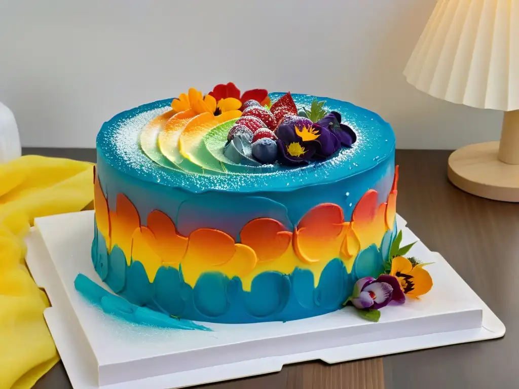 Delicioso pastel arcoíris con colorantes alimentarios para repostería en elegante presentación