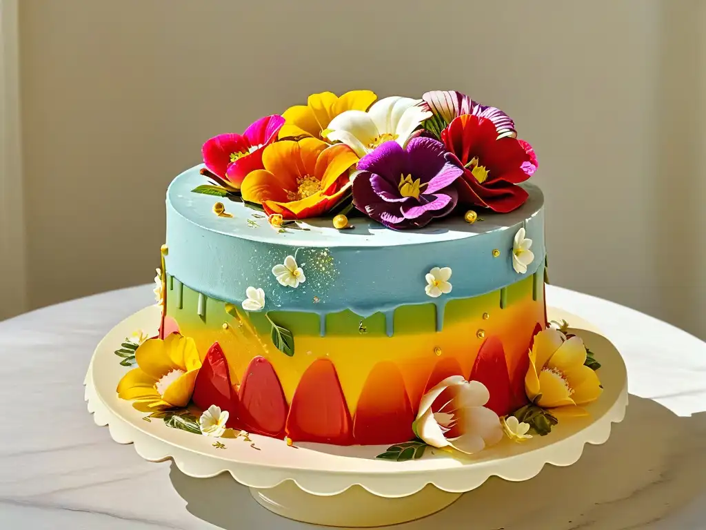 Delicioso pastel arcoíris con decoración de flores comestibles y polvo dorado, sobre soporte de mármol