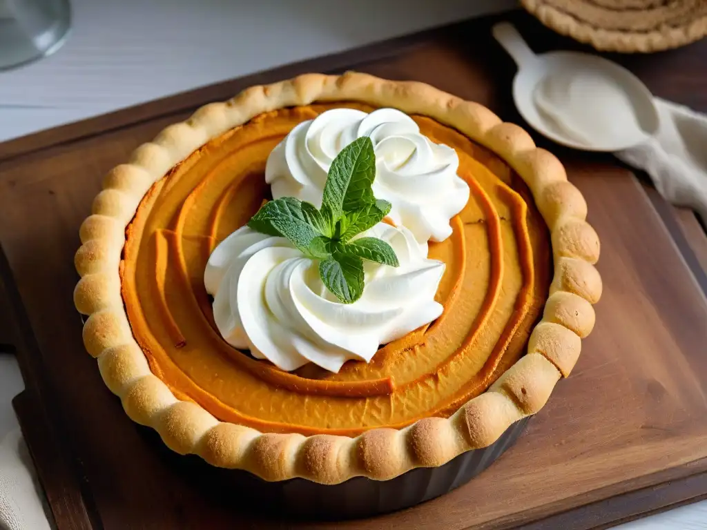 Delicioso pastel de batata africano con crema batida y canela, resplandeciendo en una mesa rústica