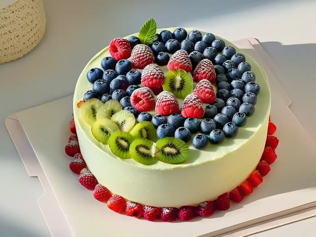 Delicioso pastel blanco adornado con colores naturales de frutas frescas como frambuesas, arándanos y kiwi