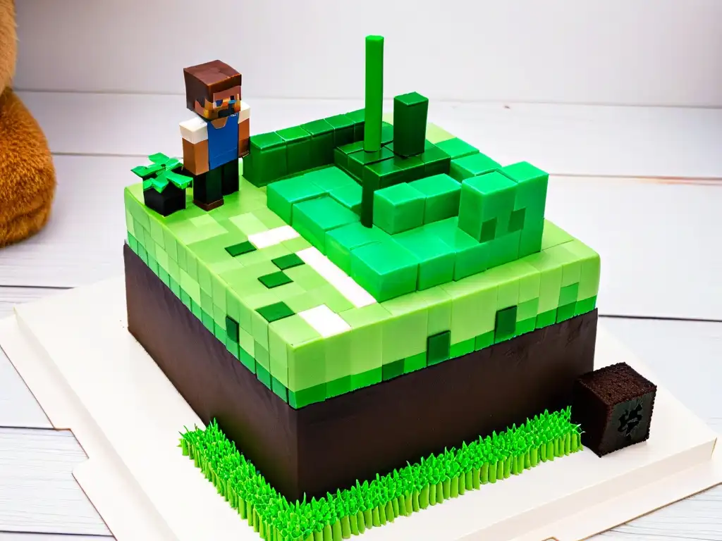 Delicioso pastel Minecraft con bloques pixelados en tonos verdes, marrones y negros, decorado con figuras de Steve y Creeper en fondant