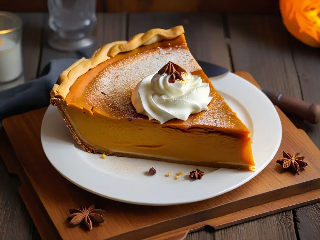 Delicioso pastel de calabaza en mesa rústica, perfecto para Acción de Gracias