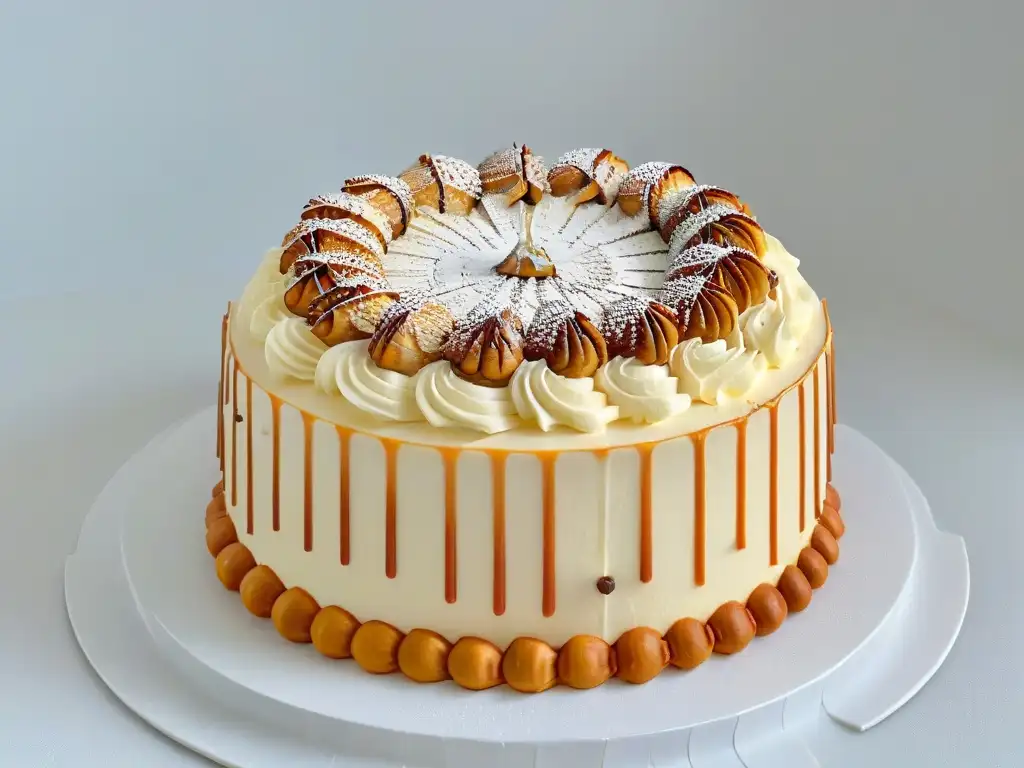 Delicioso pastel de tres capas con nueces de macadamia, decorado con elegancia y detalle