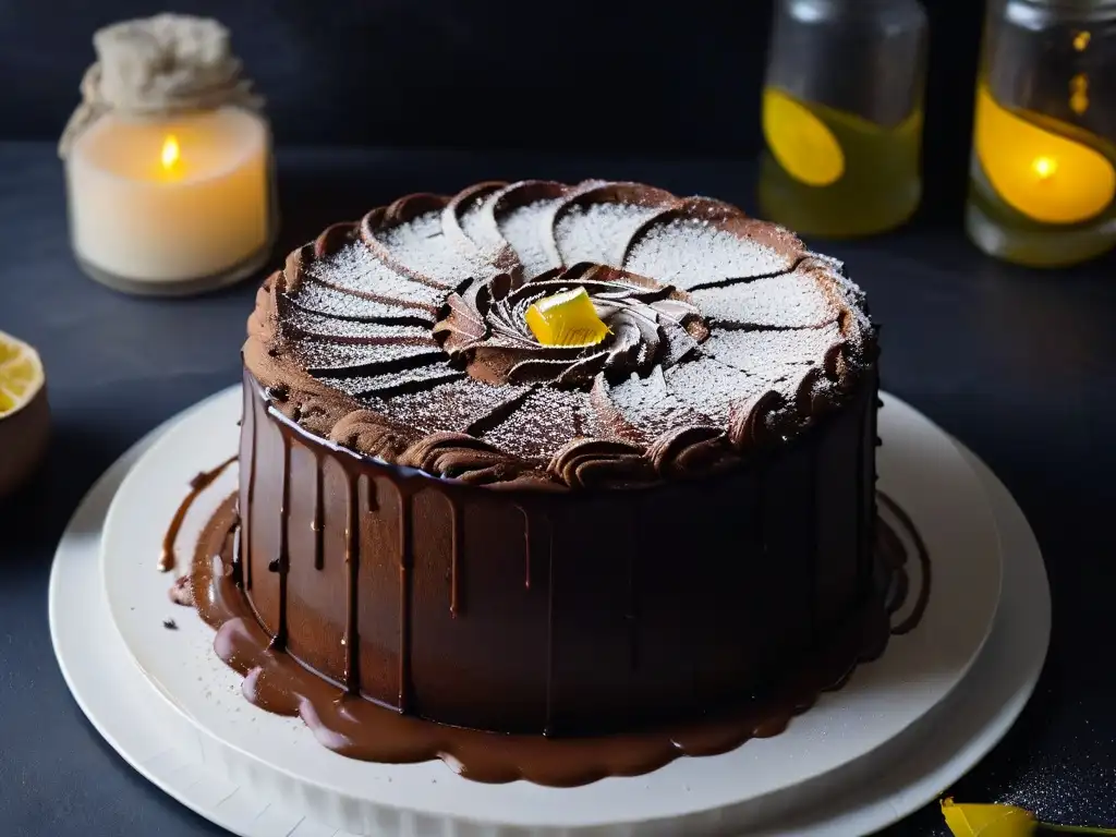 Delicioso pastel de chocolate con aceite de oliva, espolvoreado con cacao y aceite