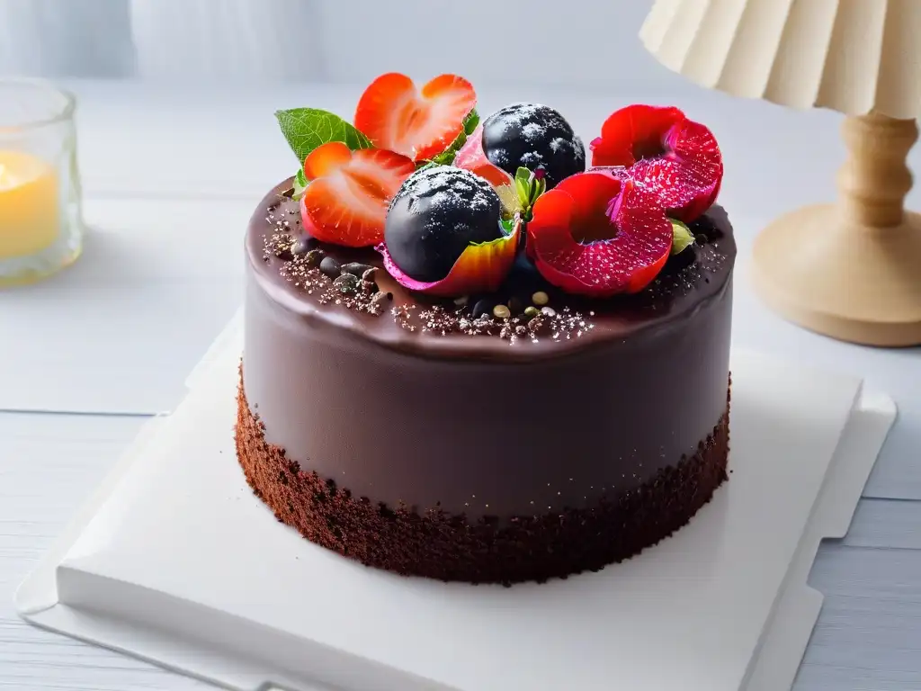 Delicioso pastel de chocolate con amaranto en postres modernos, detalle y elegancia en blanco