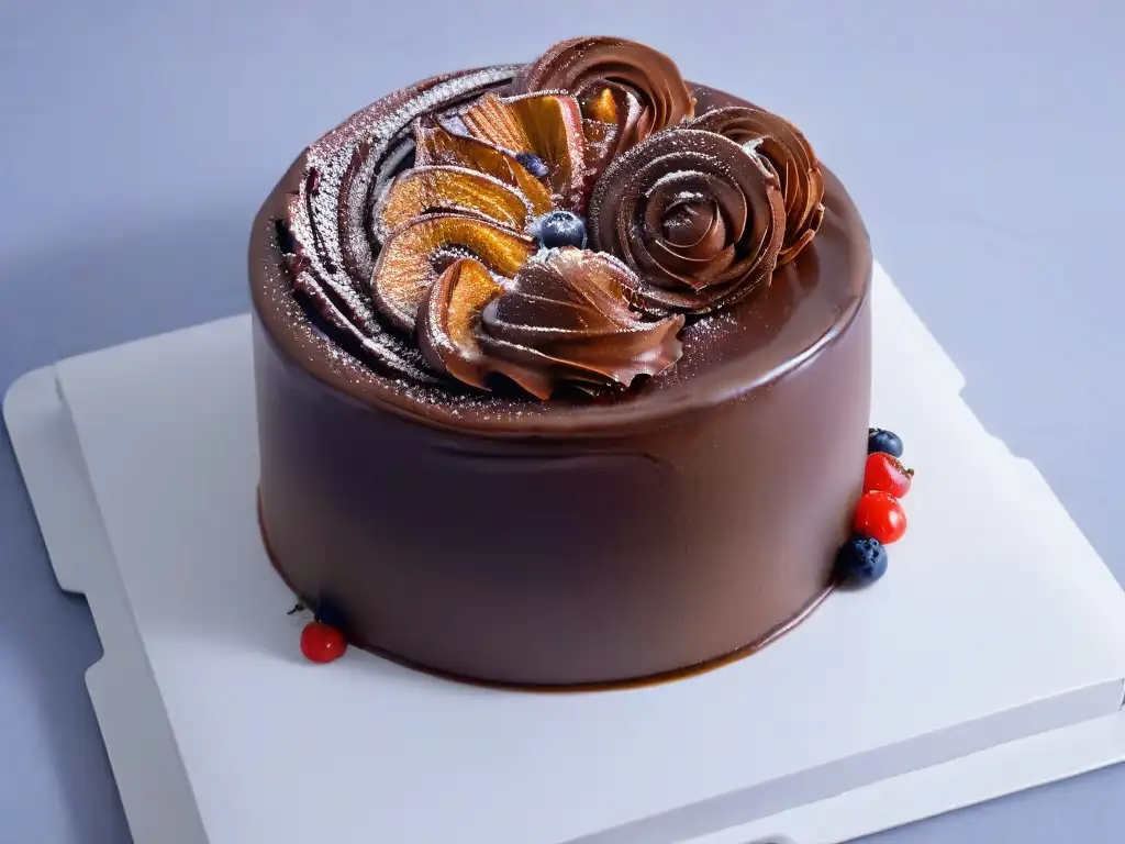 Delicioso pastel de chocolate con brillo y decoraciones, iluminado con luz cálida