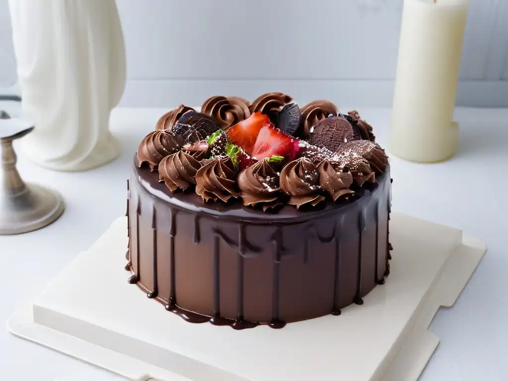 Delicioso pastel de chocolate triple capa con ganache brillante y decoración de virutas, en un elegante soporte blanco