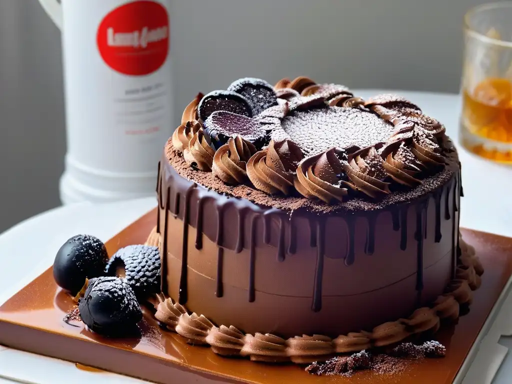 Delicioso pastel de chocolate cubierto con ganache brillante y rizos de chocolate