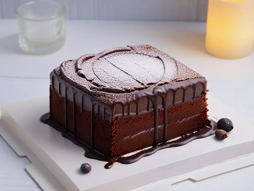 Delicioso pastel de chocolate: decadente y tentador Delicioso pastel de chocolate decadente con ganache brillante y polvo de cacao, evocando una historia de evolución en repostería