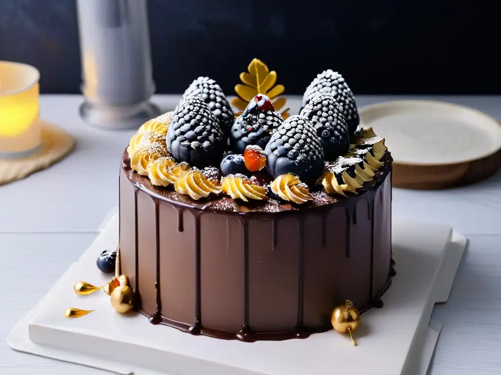 Delicioso pastel de chocolate decadente con ganache de maca, decorado con oro y bayas rojas, en un elegante plato blanco