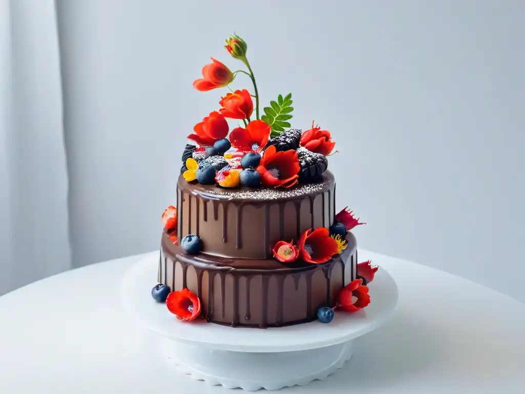 Delicioso pastel de chocolate decorado con frutas y flores, perfecto para cumpleaños