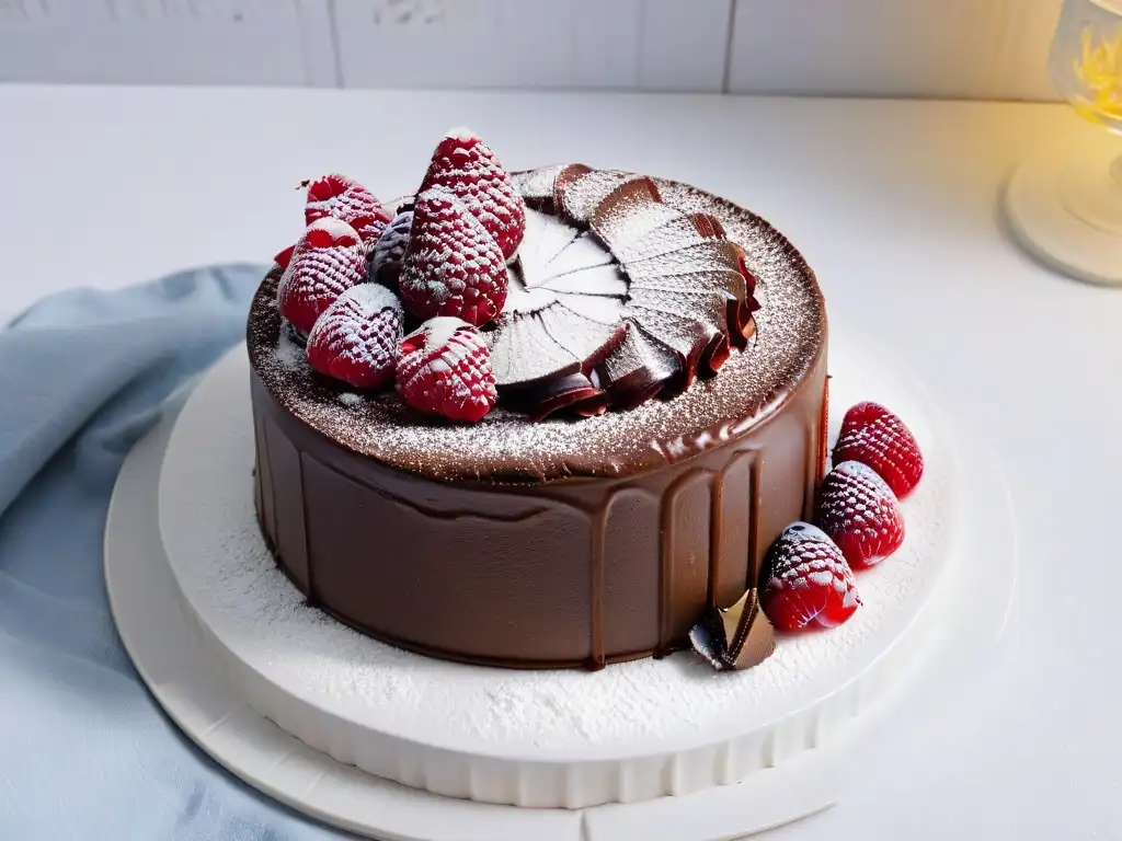 Delicioso pastel de chocolate con frambuesas frescas y xilitol, en plato blanco moderno