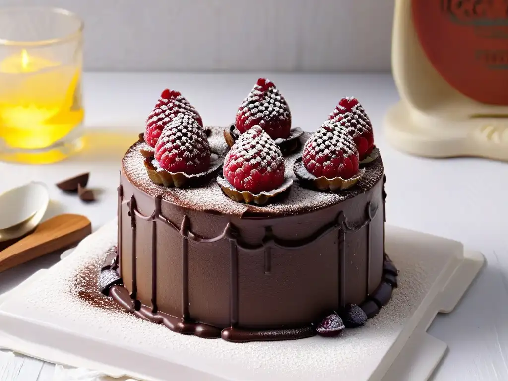 Delicioso pastel de quinoa y chocolate con frambuesas frescas, presentado en un elegante plato blanco