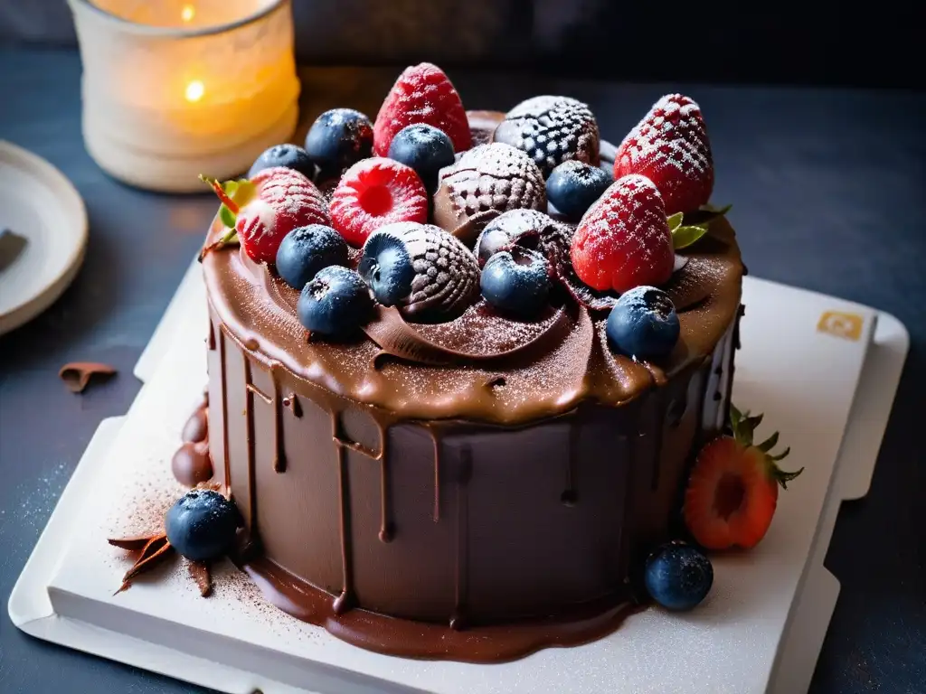 Delicioso pastel de chocolate con ganache, frutos rojos y cacao en plato blanco sobre fondo negro