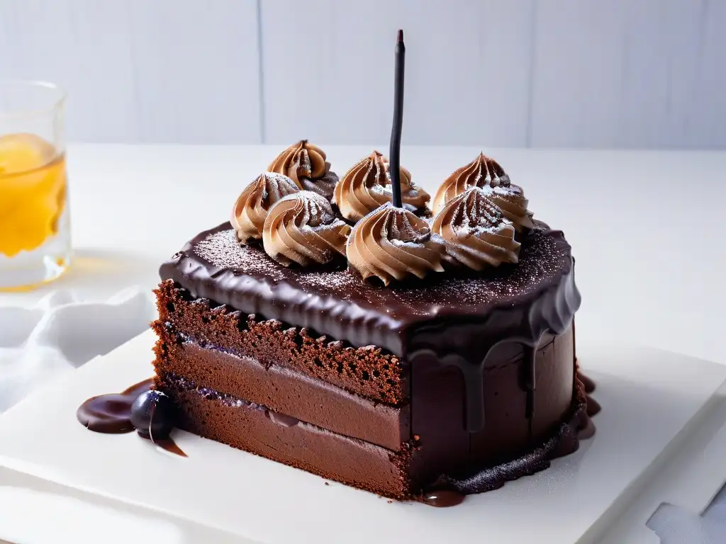 Delicioso pastel de chocolate: historia en una rebanada Delicioso pastel de chocolate con ganache brillante y rizos de chocolate oscuro, evocando la evolución histórica de este postre