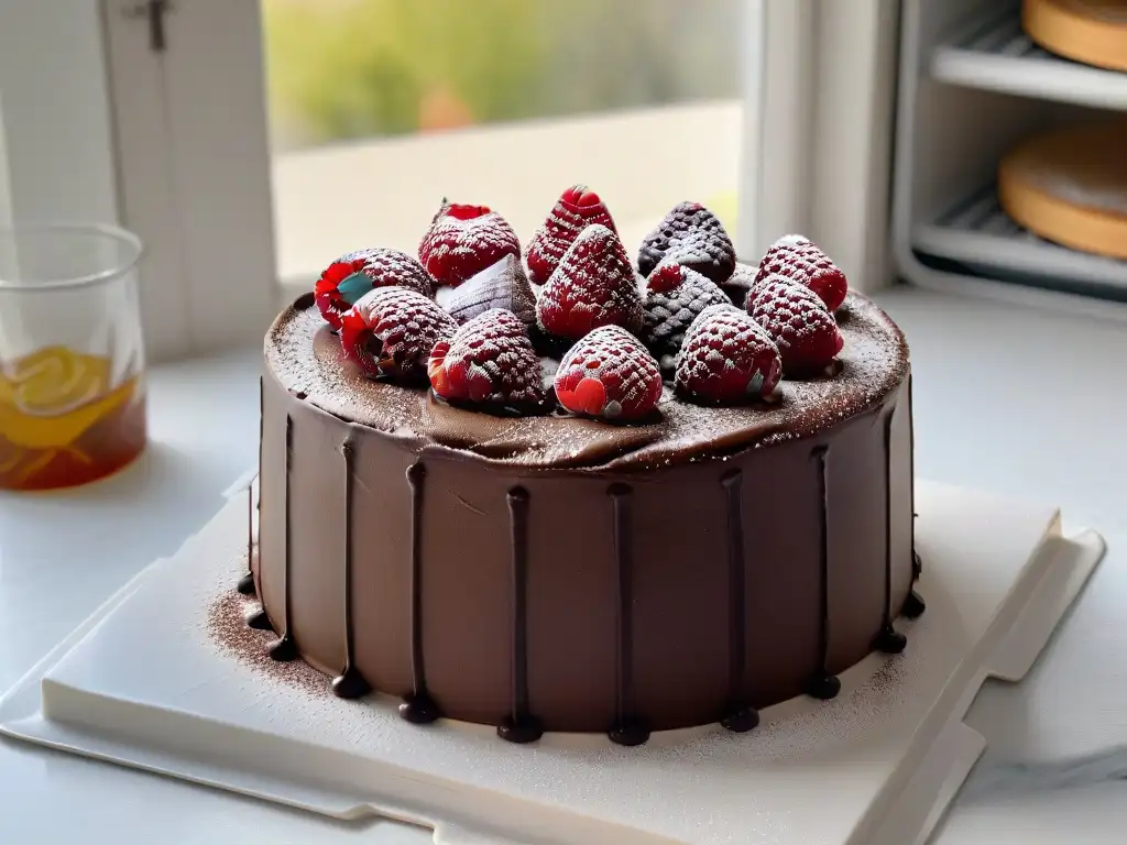 Delicioso pastel de chocolate con ganache y frambuesas en un elegante soporte de mármol blanco, en una cocina moderna con luz natural