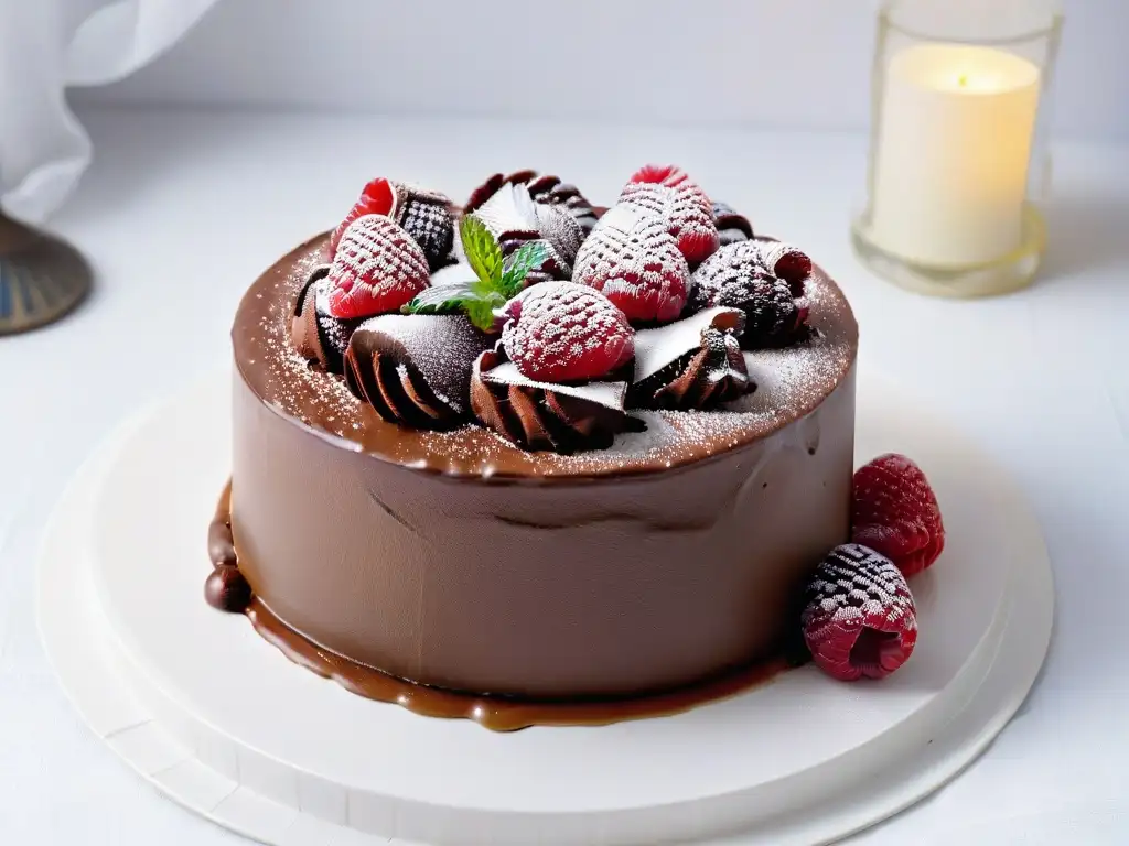 Delicioso pastel de chocolate con ganache, frambuesas y menta en plato blanco sobre Certificados Comercio Justo repostería