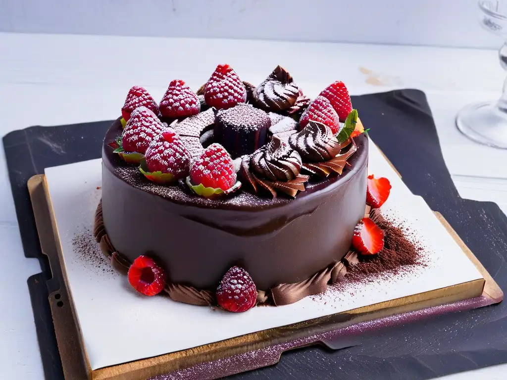 Delicioso pastel de chocolate con ganache brillante, frambuesas frescas y cacao en polvo, presentado en plato de mármol blanco