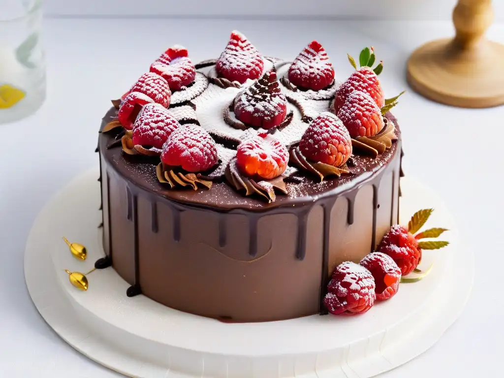 Delicioso pastel de chocolate con frambuesas y hojuelas de oro Delicioso pastel de chocolate con ganache brillante, frambuesas frescas y hojuelas de oro