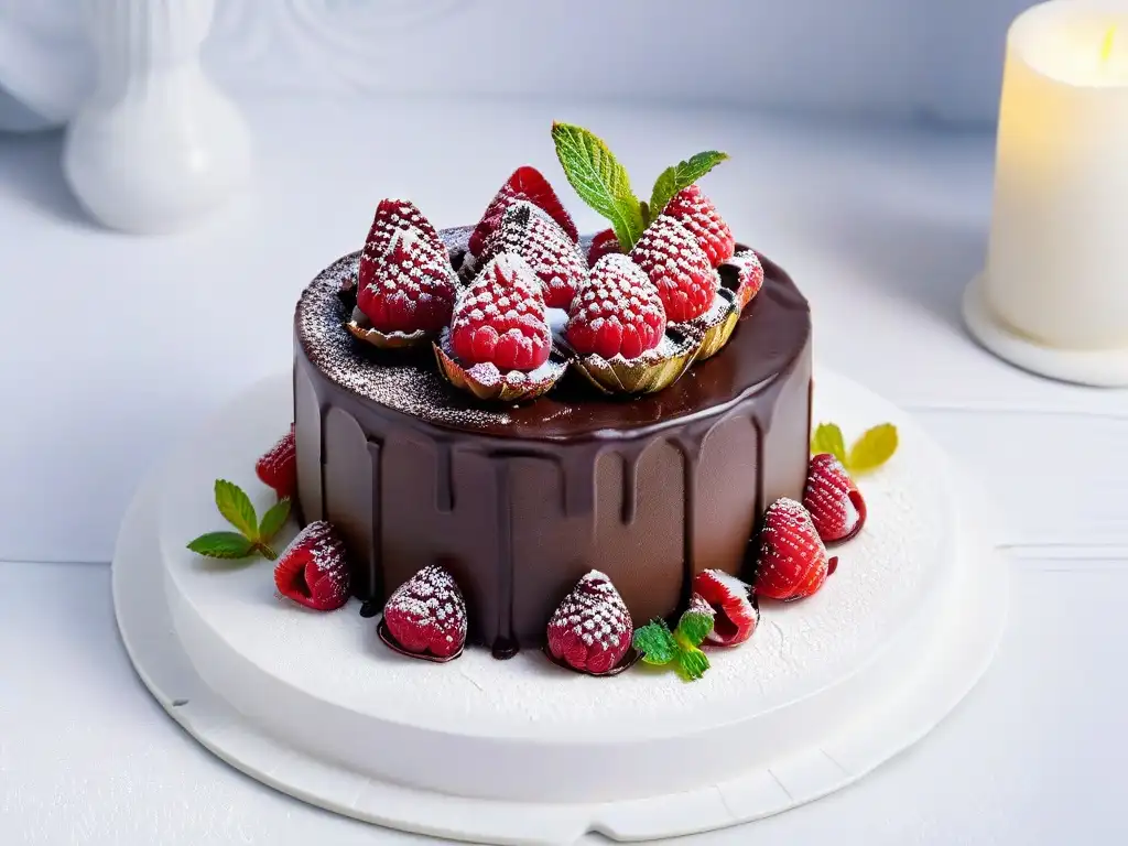 Delicioso pastel de chocolate con ganache, frambuesas y menta en plato blanco sobre fondo negro