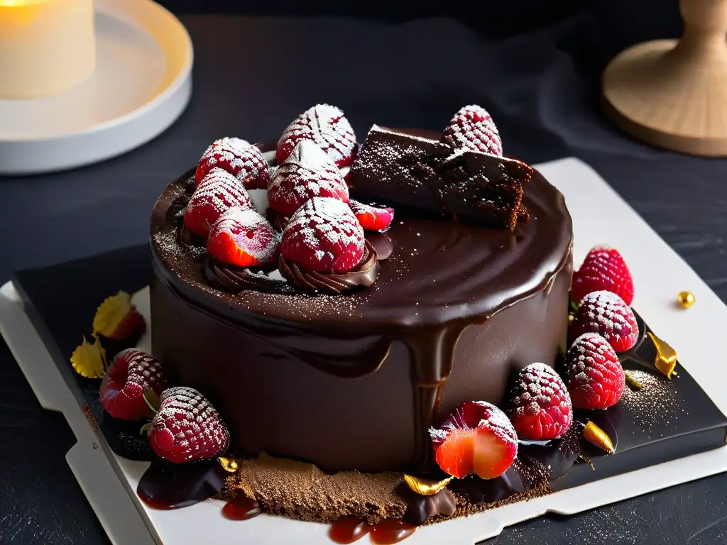 Exquisito pastel de chocolate sin harina con ganache brillante y frambuesas frescas Delicioso pastel de chocolate sin harina con ganache brillante, hojuelas de oro y frambuesas frescas